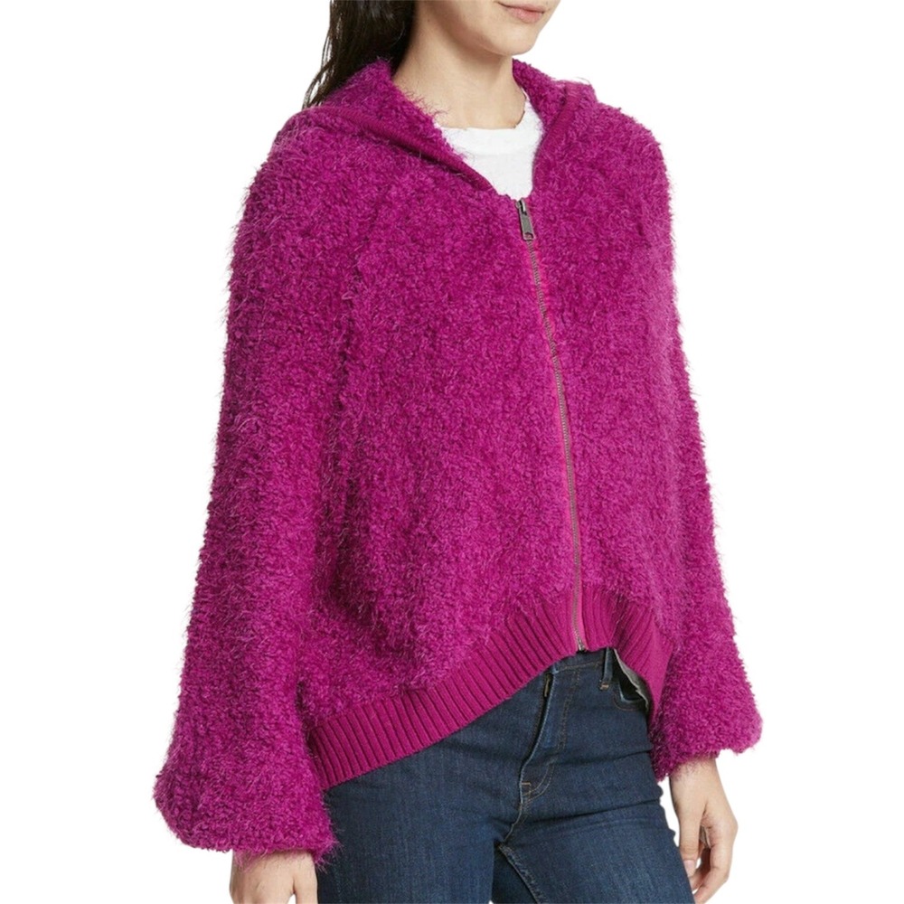 Free People Women's Fuzzy Knit Zip Up Hoodie Purple Small S Sweater